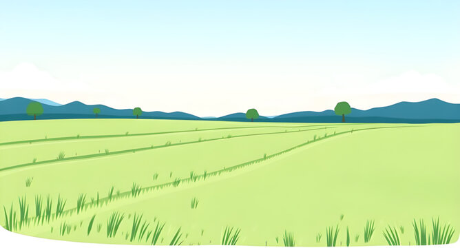 cartoon, nature, landscape, grassland, greenfield, meadow, field, pasture, lawn, countryside, rural, outdoor, scenery, horizon, plains, farmland, sky, bluesky, clouds, cloudscape, sunlight, sunny, bri