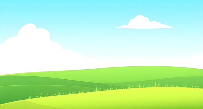 cartoon, nature, landscape, grassland, greenfield, meadow, field, pasture, lawn, countryside, rural, outdoor, scenery, horizon, plains, farmland, sky, bluesky, clouds, cloudscape, sunlight, sunny, bri