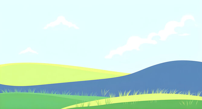 cartoon, nature, landscape, grassland, greenfield, meadow, field, pasture, lawn, countryside, rural, outdoor, scenery, horizon, plains, farmland, sky, bluesky, clouds, cloudscape, sunlight, sunny, bri