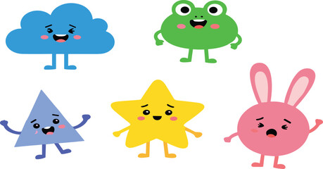 Obraz premium Cute colorful kawaii cartoon characters set with funny geometric shapes and animal faces playful vector illustration