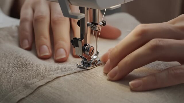 Person sewing fabric with machine