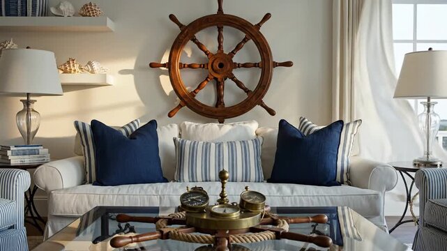Cozy nautical living room design with ship wheel decor.