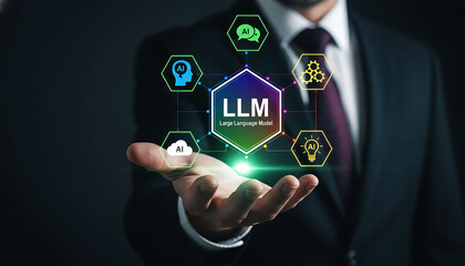 Naklejka premium Businessman holding virtual Large Language Model LLM artificial intelligence