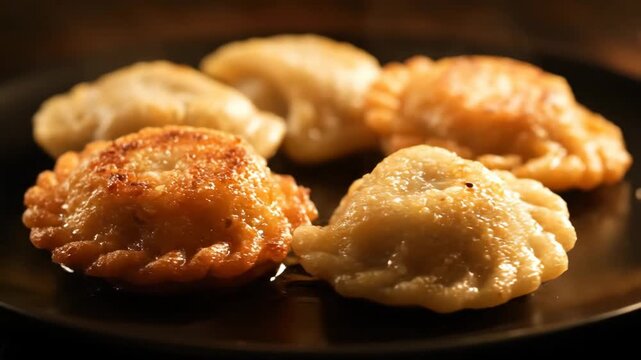 Appetizing golden brown fried dumplings, possibly traditional pierogi or empanadas, served hot on a dark plate in a moody close-up shot.