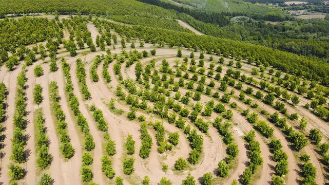 Aerial View of Geometric Reforestation with Young Trees Stock Video