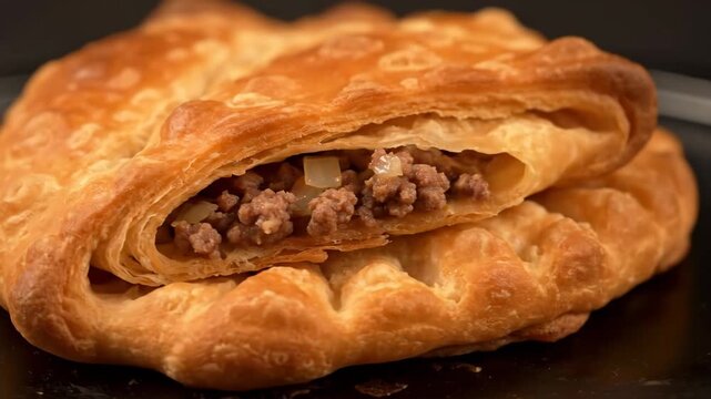 Extreme Close-up of Golden Fried Cheburek or Savory Turnover Pastry Filled with Seasoned Minced Meat, Highlighting the Bubbly Texture and Crisp Crust