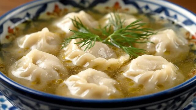 Close-up of traditional hot dumplings (Pelmeni or Khinkali) served in clear savory broth, garnished with fresh dill in an ethnic patterned bowl.