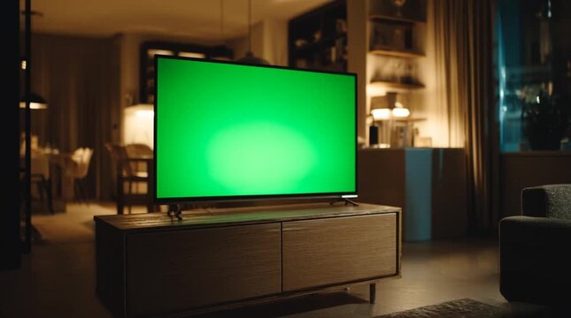 Cinematic night living room scene with modern flat screen television on wooden cabinet, bright green chroma key display, warm interior tones, soft shadows, shallow depth of field, realistic detail