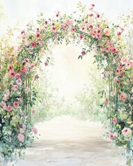 Beautiful Floral Arch Filled With Roses and Greenery Pathway