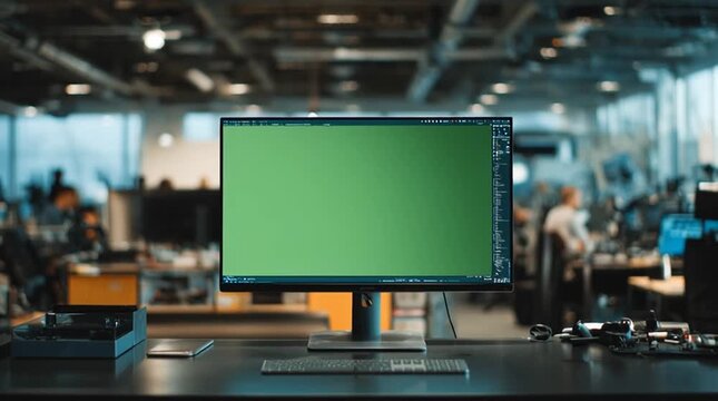 Close-up of wide computer monitor on black desk in modern American office, clean workspace with basic supplies, green chroma key screen, vlog-style handheld angle, soft indoor lighting