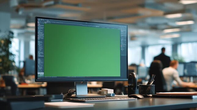Close-up of wide computer monitor on black desk in modern American office, clean workspace with basic supplies, green chroma key screen, vlog-style handheld angle, soft indoor lighting