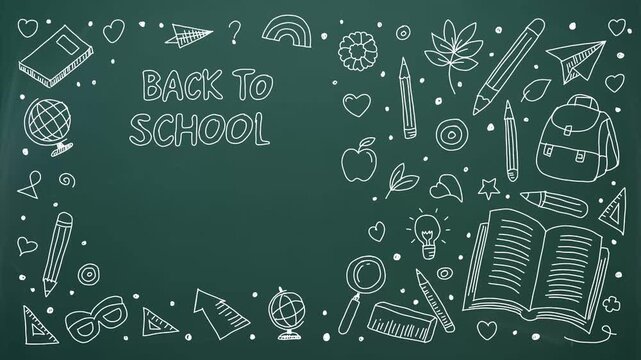Back to School Chalkboard Doodle Background with School Supplies Hand Drawn Animation