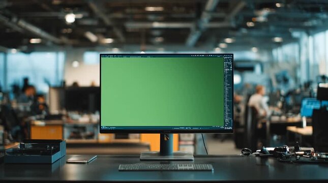Close-up of wide computer monitor on black desk in modern American office, clean workspace with basic supplies, green chroma key screen, vlog-style handheld angle, soft indoor lighting