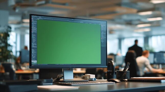 Close-up of wide computer monitor on black desk in modern American office, clean workspace with basic supplies, green chroma key screen, vlog-style handheld angle, soft indoor lighting
