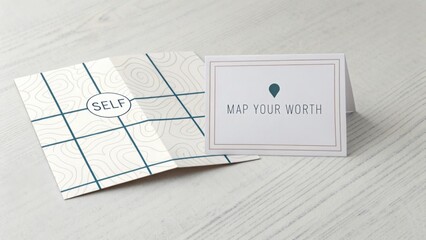 Folded Blueprint With 'Map Your Worth' Text And Single Pin