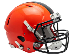 Fototapeta premium Red or orange american football helmet with black and grey stripe along the crown of the hel isolated on transparent or white background