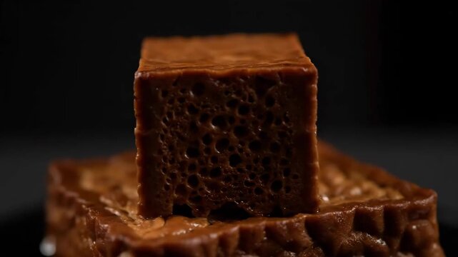 Macro Shot of Deeply Flavored, Porous Braised Soy Tofu Cubes (Lu Doufu) Stacked Dramatically on a Dark Surface