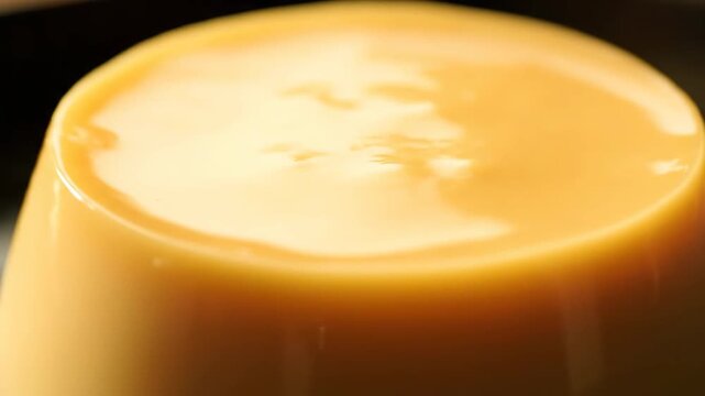 Extreme close-up macro shot of the glossy, smooth surface of a perfect golden caramel custard pudding (Japanese Purin) against a dark background, highlighting texture and vibrance.
