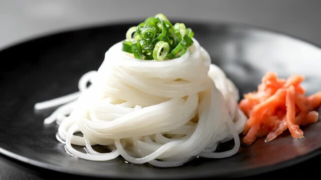 Elegant serving of chilled Japanese Somen or rice vermicelli noodles topped with fresh chopped green onions and pickled ginger, presented on a dark black plate.
