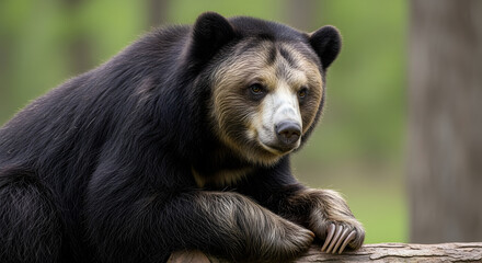 Fototapeta premium A close up portrait of a sloth bear with long claws resting on a wooden log in a soft green background