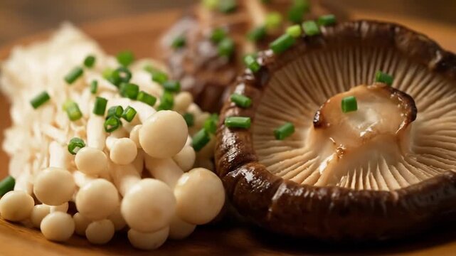 Macro Shot of Fresh Shiitake Mushroom Gills and Cap Detail, with White Enoki Mushrooms Blurred in the Background, Emphasizing Texture and Raw Culinary Ingredients.
