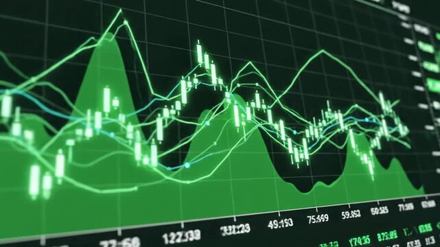 Green-hued, animated financial graph with candlestick patterns, trending, and data, overlaid