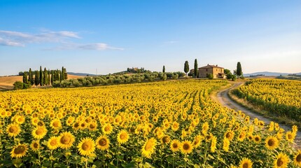Sunflower field landscape expressing joyful happy birthday greeting emotions