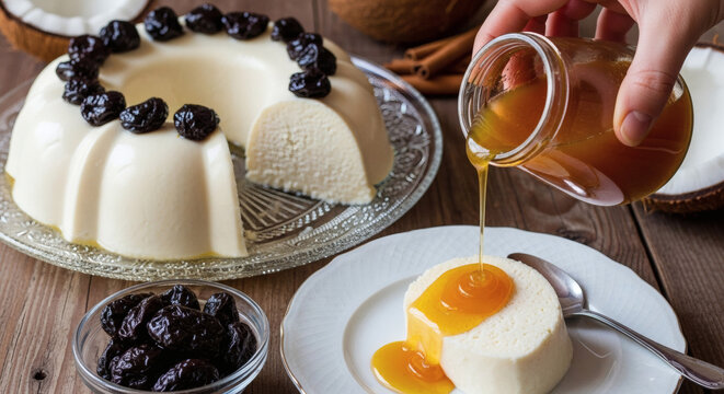 Traditional Brazilian coconut pudding (Manjar de Coco) with plum syrup being poured over a slice