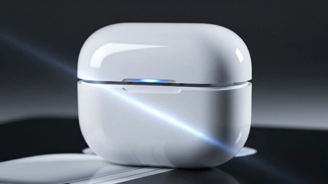 White wireless earbuds charging in their sleek case on a reflective surface.