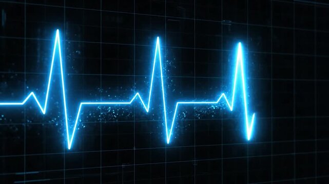 A glowing blue electrocardiogram heartbeat line pulses across a dark grid