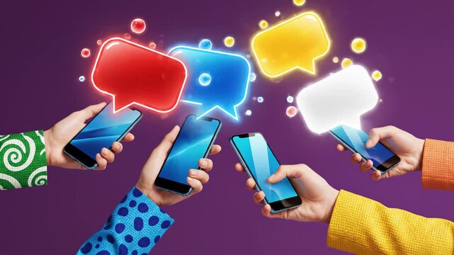 Hands holding smartphones with colorful speech bubbles