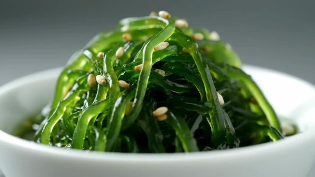 Traditional Japanese Chuka Wakame Seaweed Salad Topped with Toasted Sesame Seeds Served in a White Ceramic Bowl on a Gray Background
