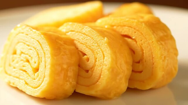 Sliced Tamagoyaki, a sweet and savory traditional Japanese rolled omelet, presented beautifully in a close-up shot.