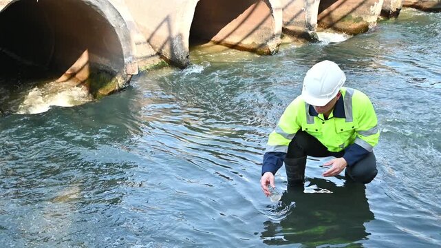 A specialist scientist is checking for impurities in the water from a stream.