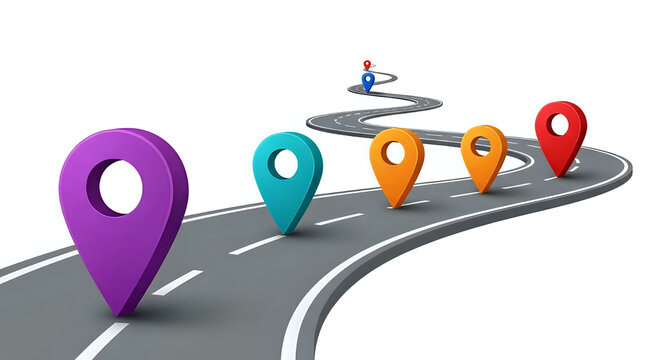 Road map with colorful location pins leading to a destination, illustrating journey and planning.