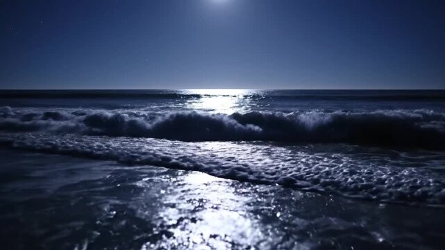 Bright moonlight reflects on the dark ocean waves crashing onto the shore