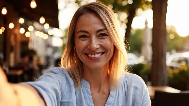 Happy Woman Taking a Selfie Outdoors at a Cafe During Golden Hour.