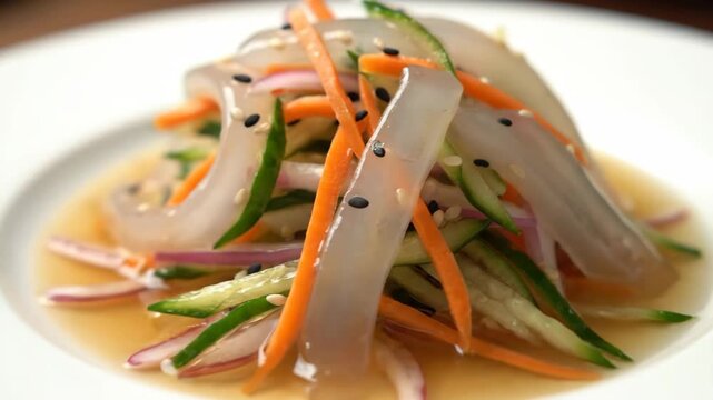 Close-up of refreshing Asian cold starch jelly noodle salad (Mook) served with julienned cucumber, carrot, and red onion, drizzled with savory sauce and topped with sesame seeds on a white plate.
