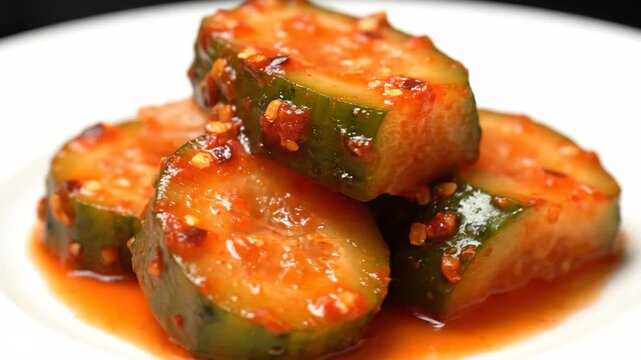 Close-up of Spicy Korean Cucumber Kimchi (Oi Muchim) Banchan Side Dish Marinated in Bright Red Chili Sauce and Flakes on a White Plate