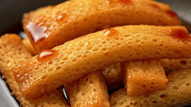 Close-up of Golden Dessert Sticks or Fritters Drenched in Sweet Honey Syrup, Featuring Crispy Porous Texture.