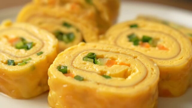 Delicious sliced Gyeran-mari (Korean rolled egg omelet) or Tamagoyaki served close-up. Homemade fluffy egg roll with chopped carrots and scallions on a white plate.