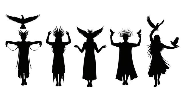 Tribal Figure Silhouette Set with Bird Headdress and Feather Costume
