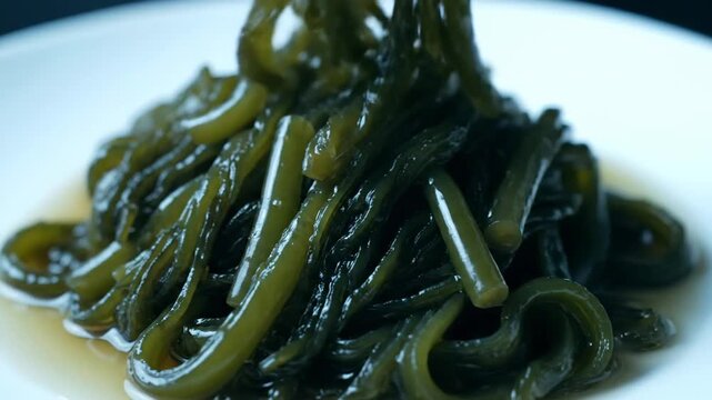 Close-up Macro Shot of Glossy Edible Seaweed or Kelp (Wakame/Kombu) Salad Being Served on a White Plate, Highlighting the Slimy, Dark Green Texture of the Asian Superfood Appetizer.