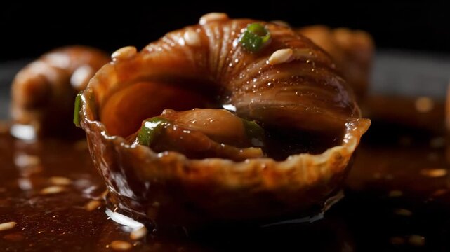 Macro Shot of Gourmet Glazed Whelk or Sea Snail Seafood Delicacy Served in its Shell, Garnished with Sesame Seeds and Green Onions Against a Dramatic Dark Background.