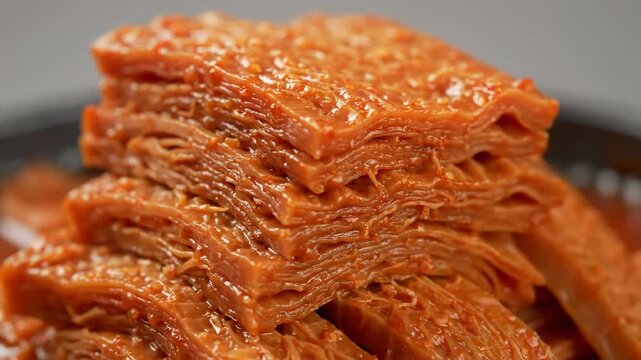 Close-up Stack of Spicy Marinated Layered Tofu Sheets (Qian Zhang or Dou Gan), a Savory Chinese Vegetarian Appetizer or Street Food Snack with Chili Glaze