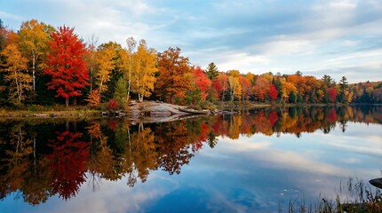 Colorful autumn lake panorama for joyful happy birthday card backgrounds