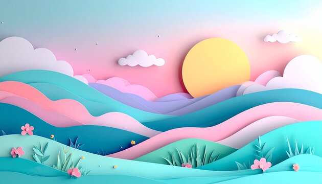 paper cut art style landscape, rolling hills and clouds, soft pastel colors, 