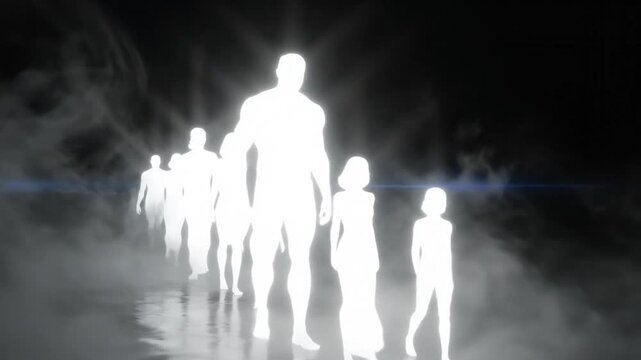 Luminous figures emerge from fog in a dark space, illuminated from above