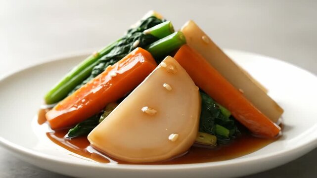 Close-up of Japanese simmered vegetables (Nimono) with carrot, spinach, and daikon in savory soy sauce glaze, garnished with sesame.