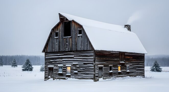 A rustic wooden barn standing in a vast snowy field with a light smoke rising from the chimney under a grey winter sky